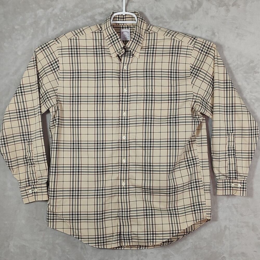 Brooks Brothers 346 Men's Large Plaid Button Down Shirt Beige Cotton L/S Check